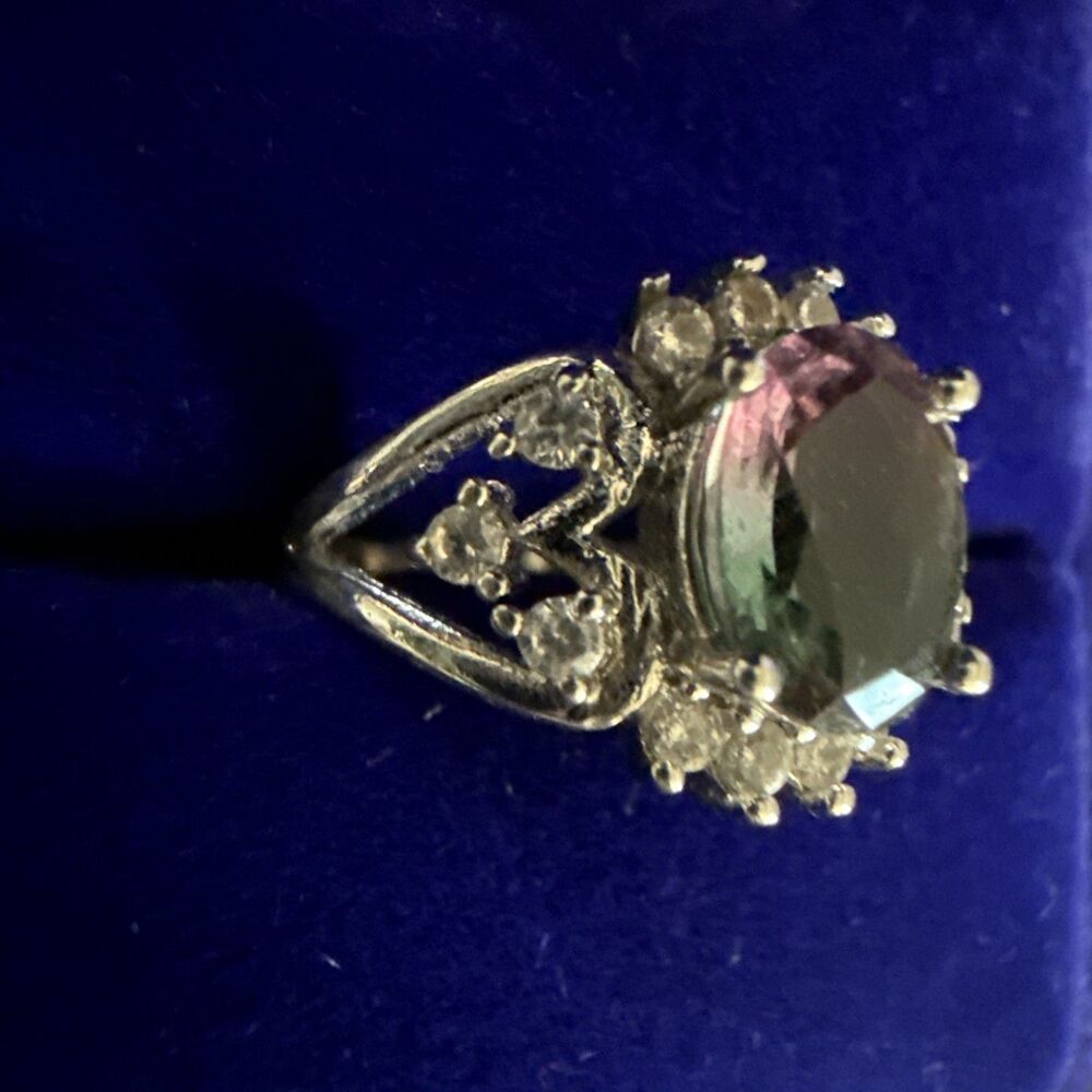 Marked 925 Sterling Silver Mystic Topaz Look Oval Halo Cocktail Ring Size 5.25 - Picture 2 of 7